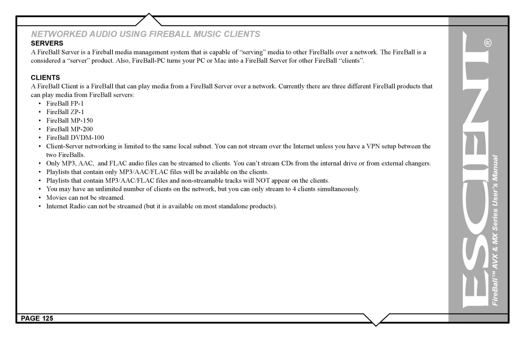 Escient AVX user manual Networked Audio Using Fireball Music Clients 