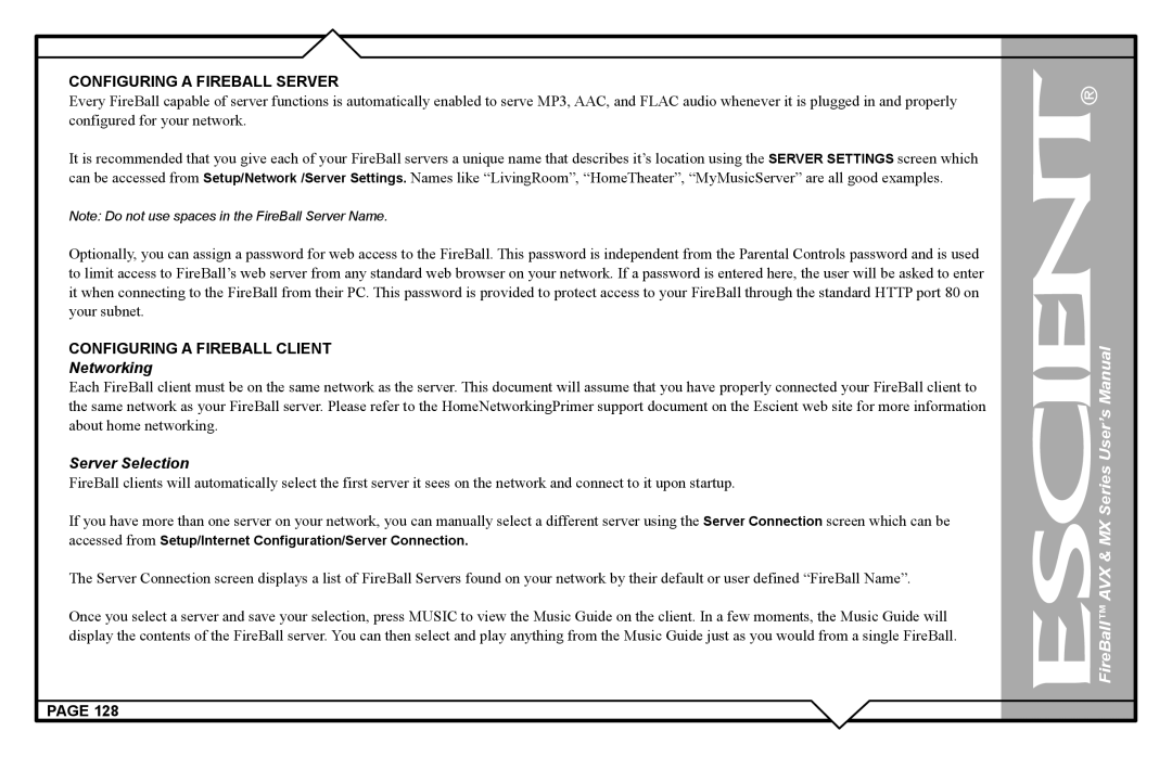 Escient AVX user manual Networking, Server Selection 