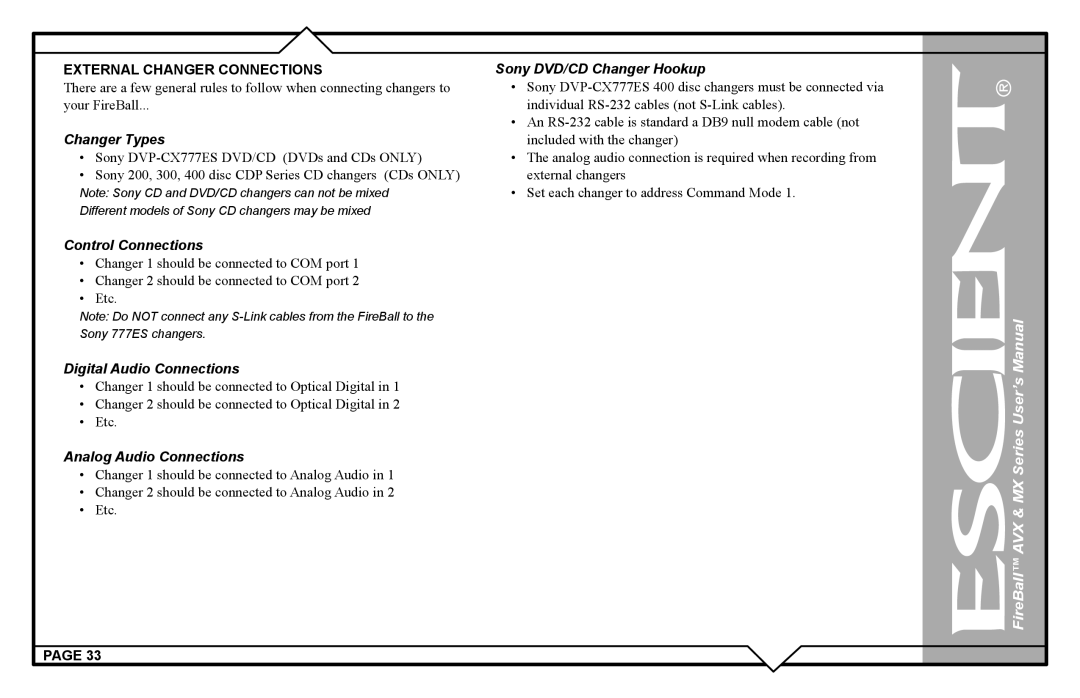 Escient AVX user manual External Changer Connections, Changer Types 