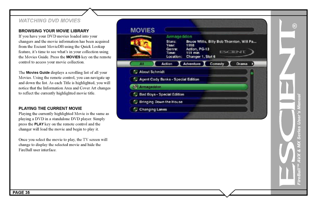 Escient AVX user manual Browsing Your Movie Library, Playing the Current Movie 