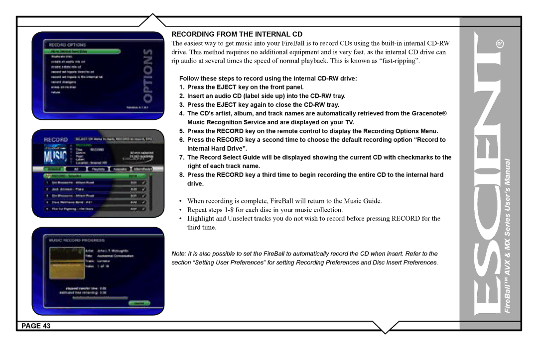 Escient AVX user manual Recording from the Internal CD 