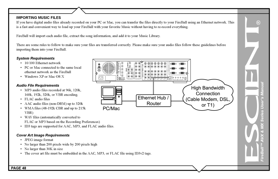 Escient AVX user manual Importing Music Files, System Requirements 