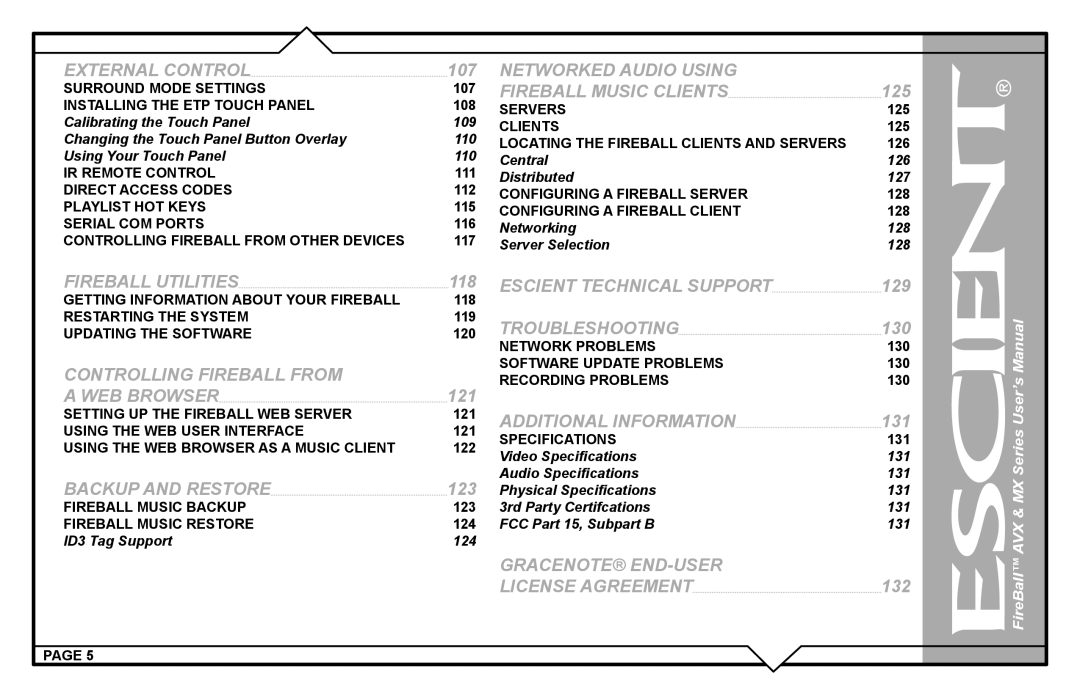 Escient AVX user manual ID3 Tag Support, 109, 110, Central 126, Distributed 127, Networking 128, Server Selection 128 