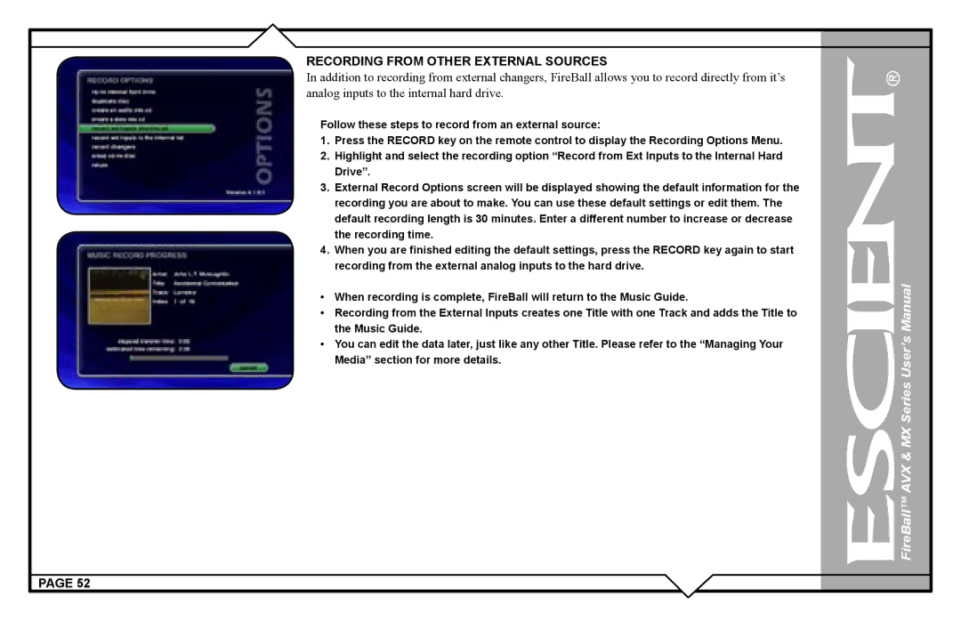 Escient AVX user manual Recording from Other External Sources 