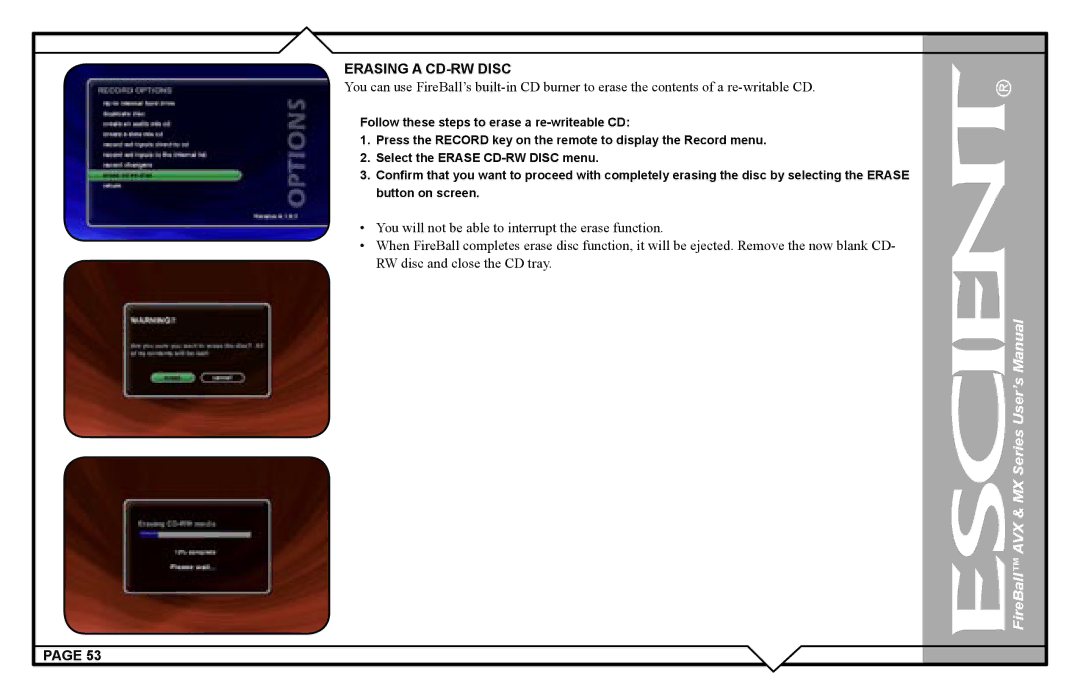 Escient AVX user manual Erasing a CD-RW Disc 