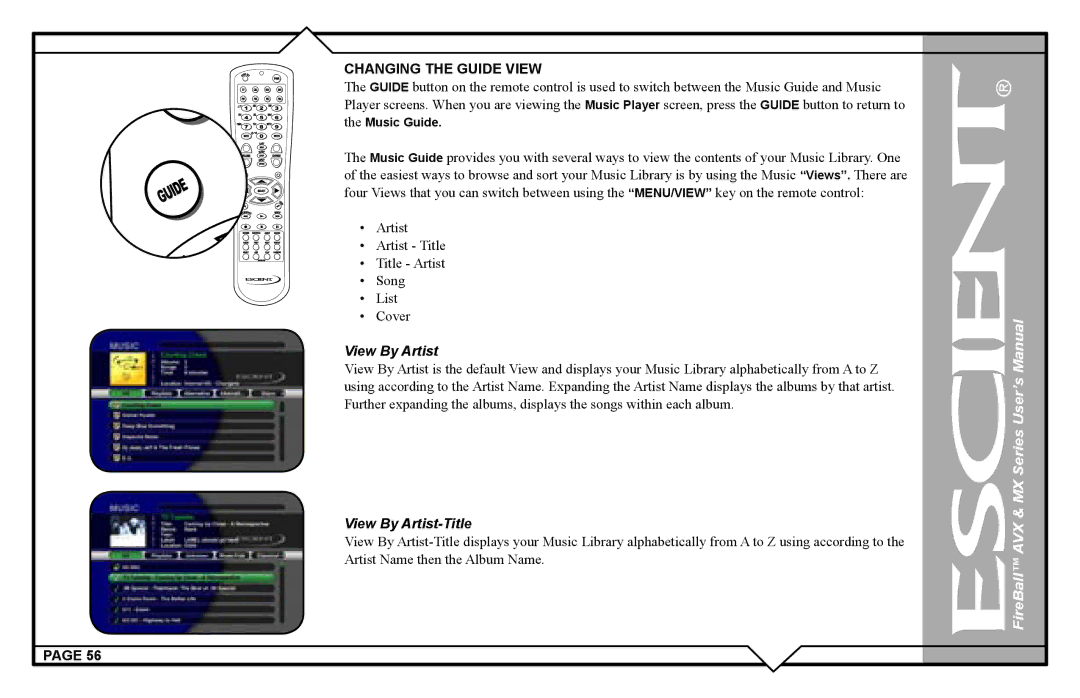 Escient AVX user manual Changing the Guide View, View By Artist 