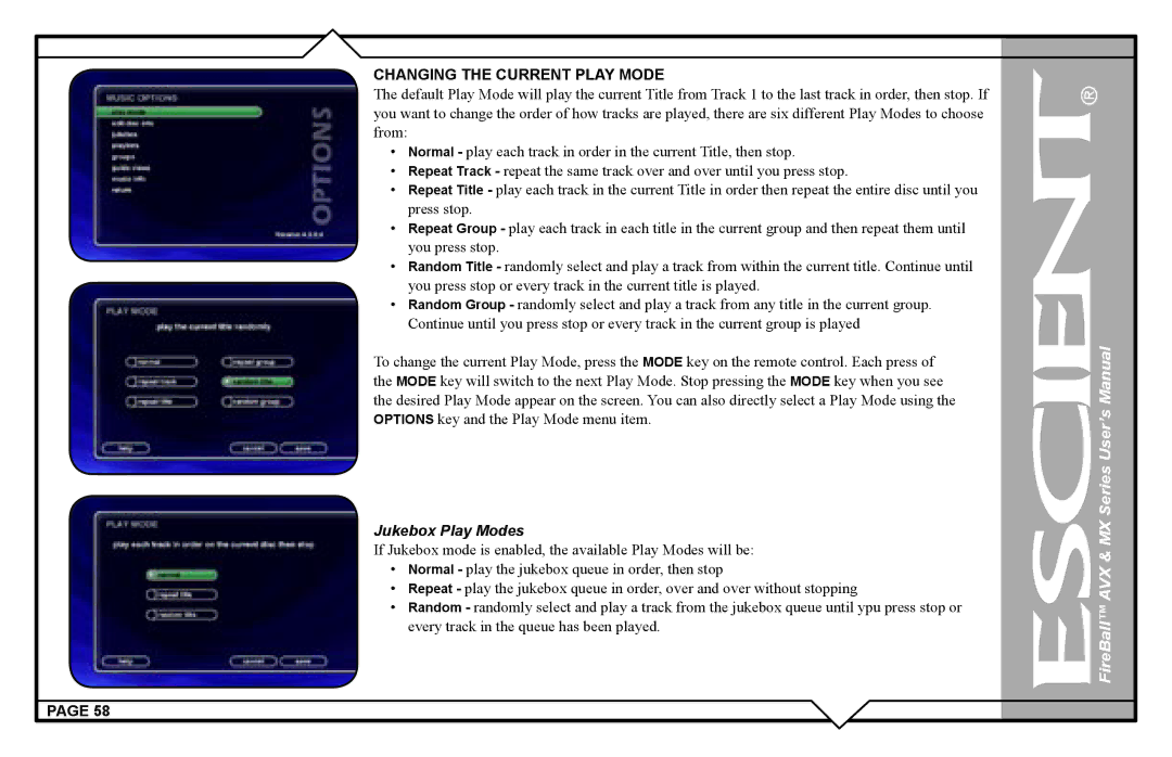 Escient AVX user manual Jukebox Play Modes 