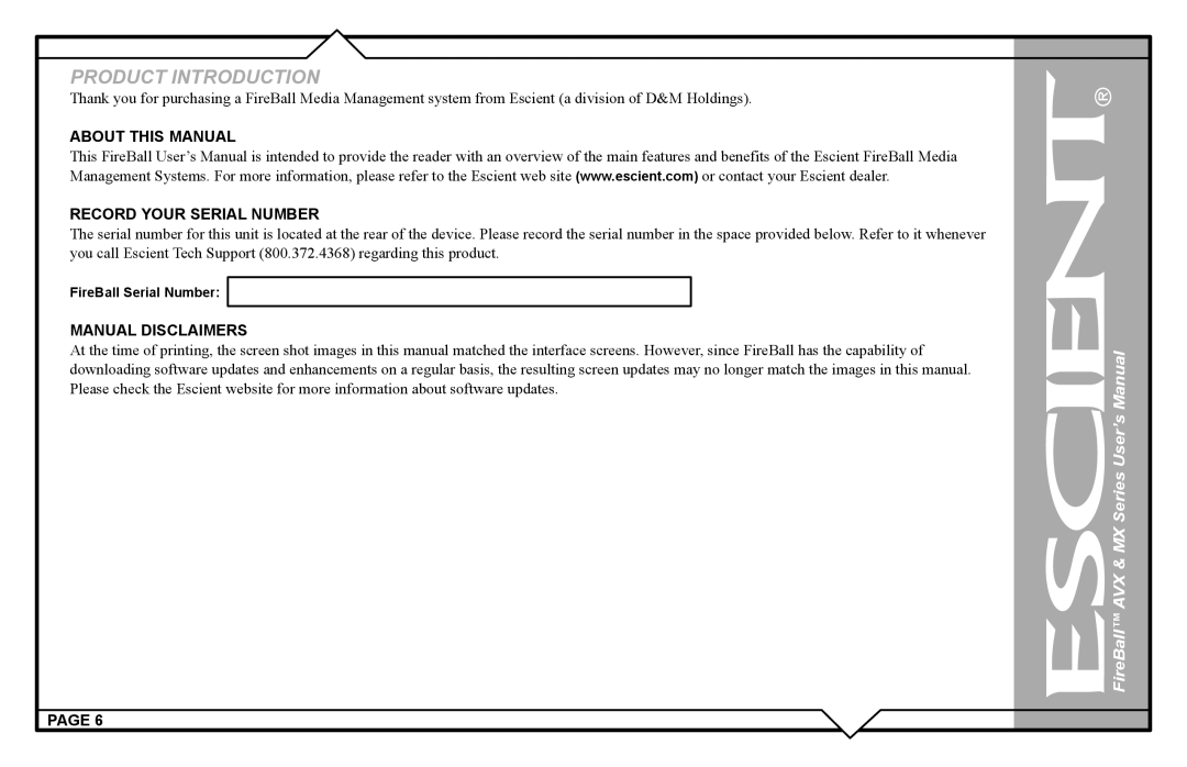 Escient AVX user manual About this Manual Record Your Serial Number, Manual Disclaimers 