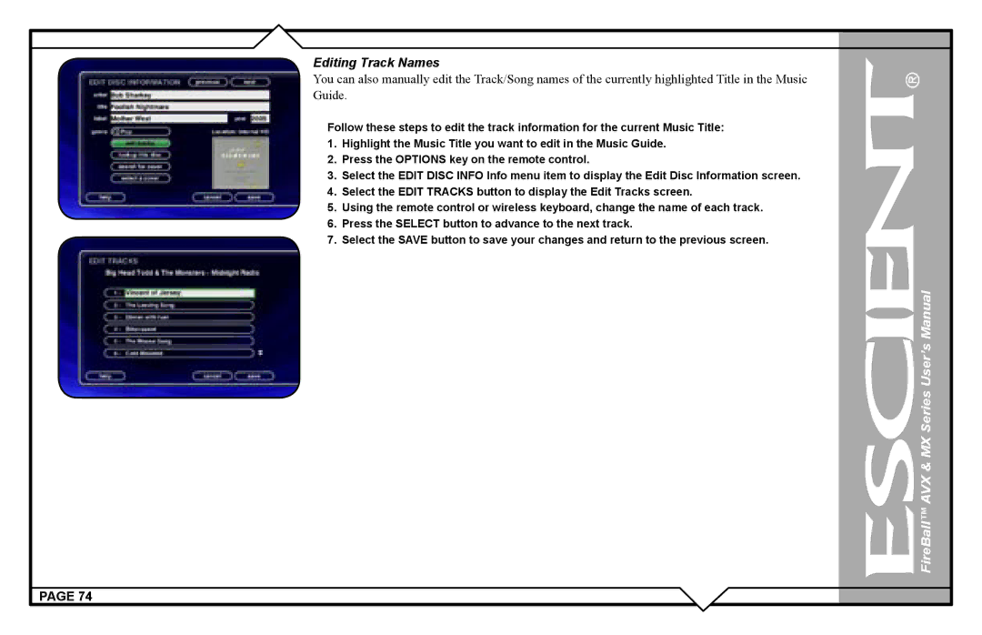 Escient AVX user manual Editing Track Names 