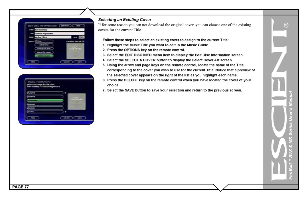 Escient AVX user manual Selecting an Existing Cover 