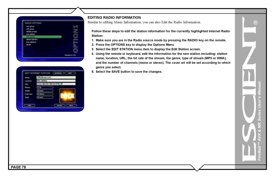 Escient AVX user manual Editing Radio Information 