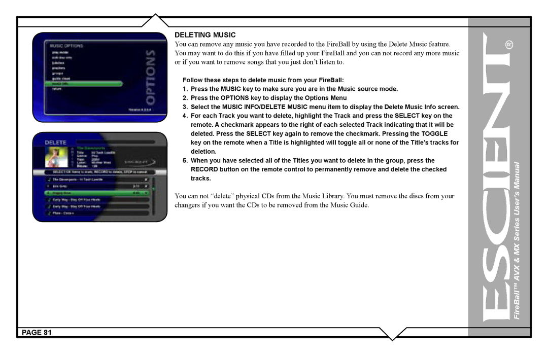 Escient AVX user manual Deleting Music 