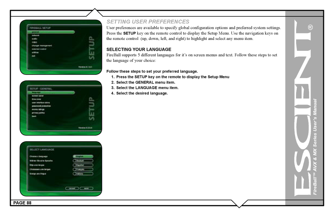 Escient AVX user manual Setting User Preferences 