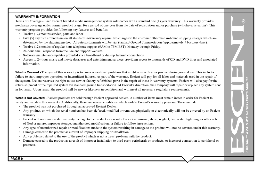 Escient AVX user manual Warranty Information 