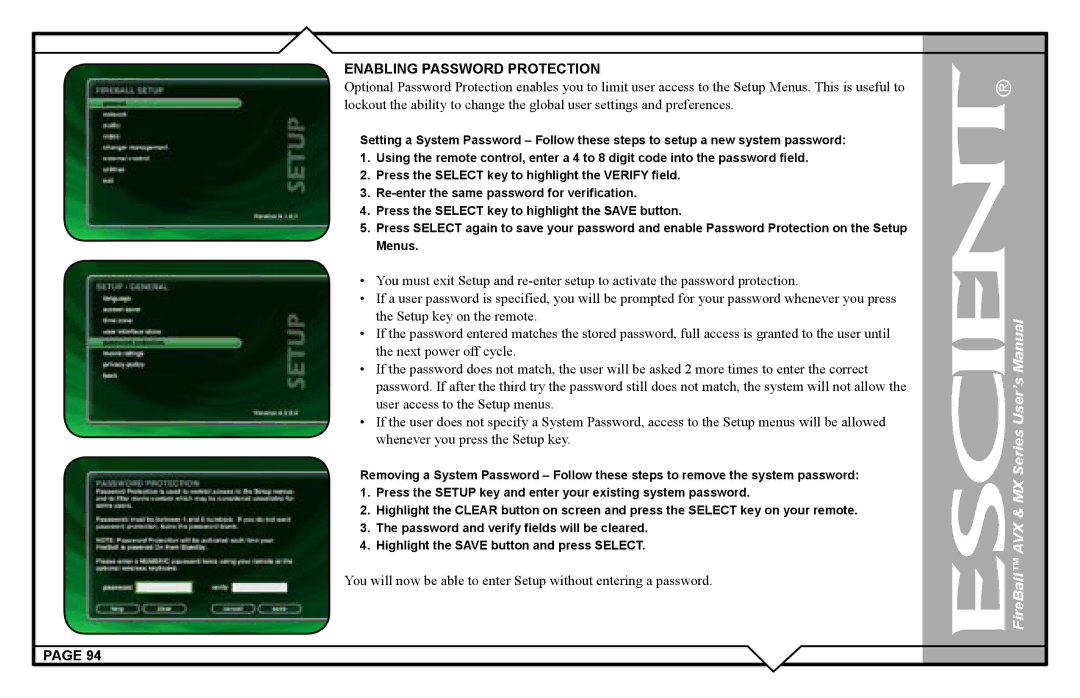 Escient AVX user manual Enabling Password Protection 