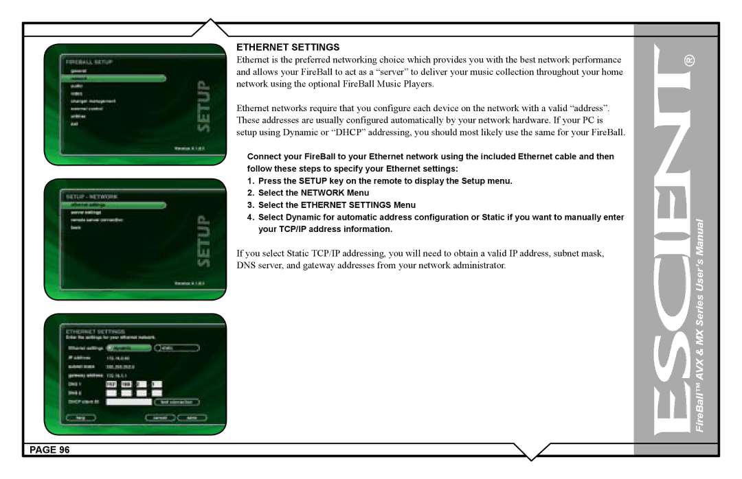 Escient AVX user manual Ethernet Settings 