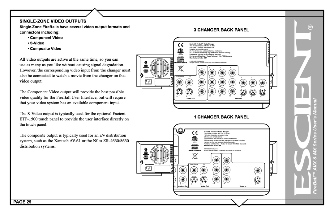 Escient FireBall AVX & MX Series User’s Manual, Single-Zonevideo Outputs, Page, CHANGER BACK PANEL 1 CHANGER BACK PANEL 