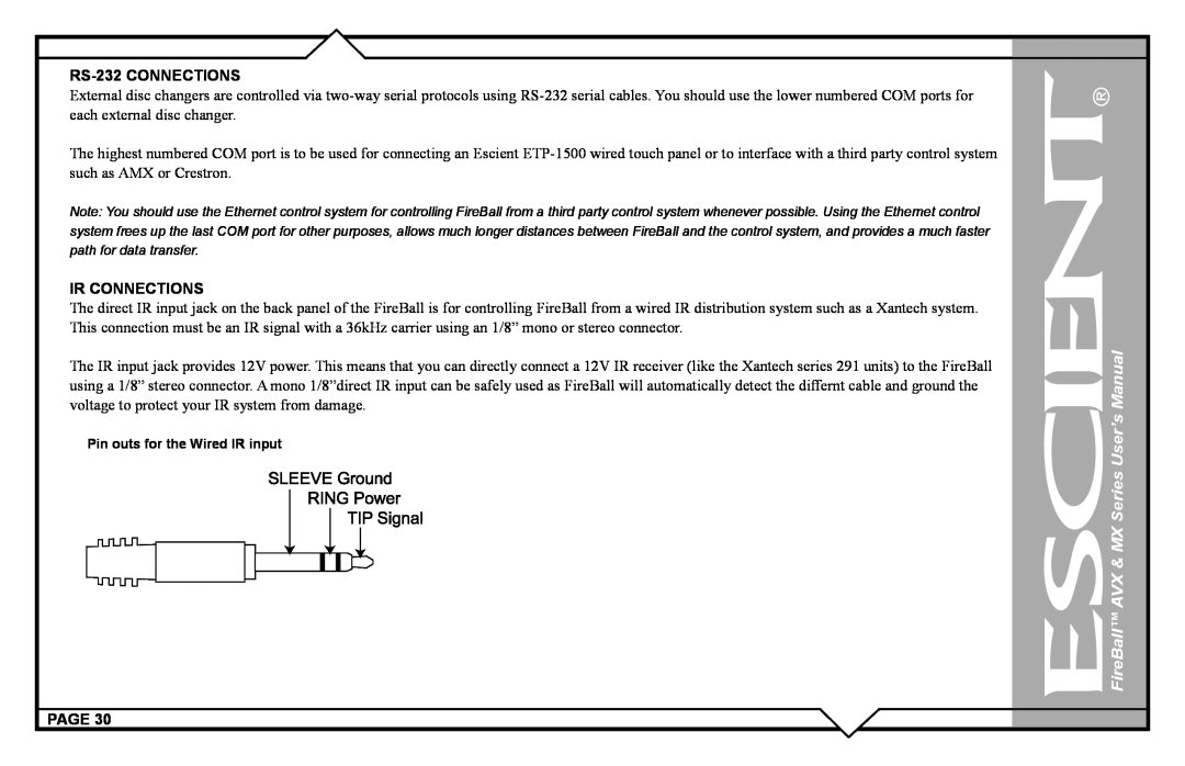 Escient user manual FireBall AVX & MX Series User’s Manual, RS-232CONNECTIONS, Ir Connections, Page 