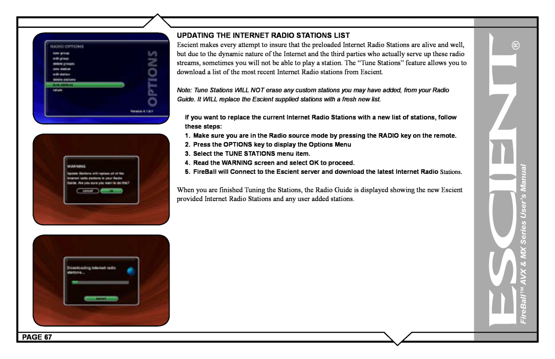 Escient user manual FireBall AVX & MX Series User’s Manual, Select the TUNE STATIONS menu item 