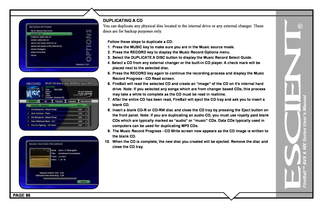 Escient user manual FireBall AVX & MX Series User’s Manual, Follow these steps to duplicate a CD 