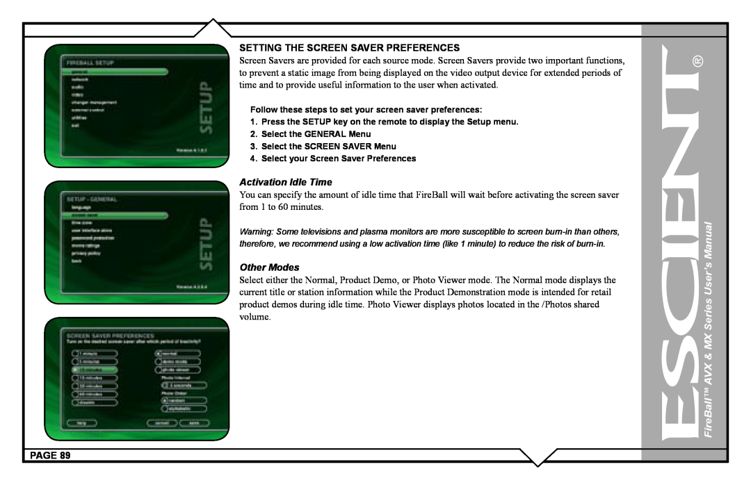 Escient user manual FireBall AVX & MX Series User’s Manual, Select the GENERAL Menu, Select the SCREEN SAVER Menu 