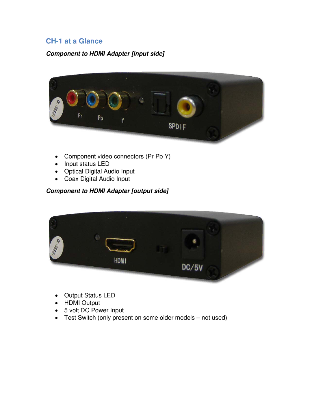 Escient manual CH-1 at a Glance, Component to Hdmi Adapter input side, Component to Hdmi Adapter output side 