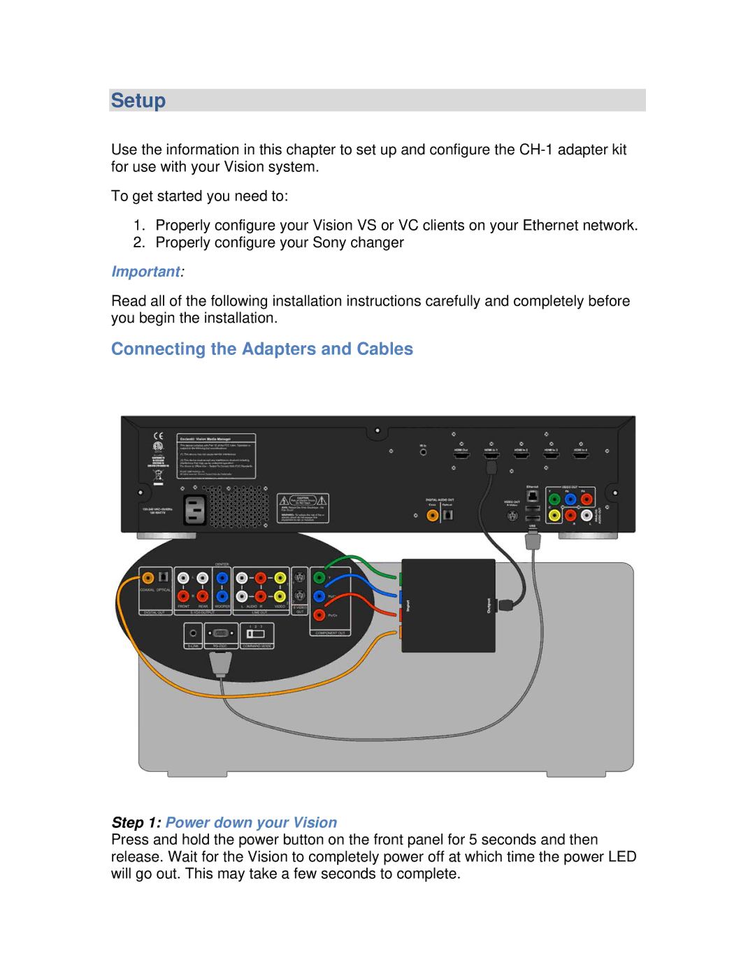 Escient CH-1 manual Setup, Connecting the Adapters and Cables 