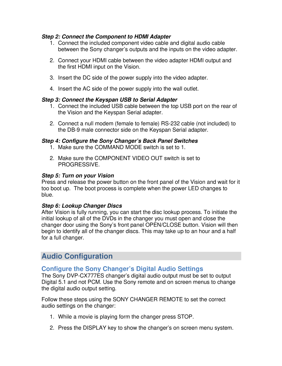 Escient CH-1 manual Audio Configuration, Configure the Sony Changer’s Digital Audio Settings 