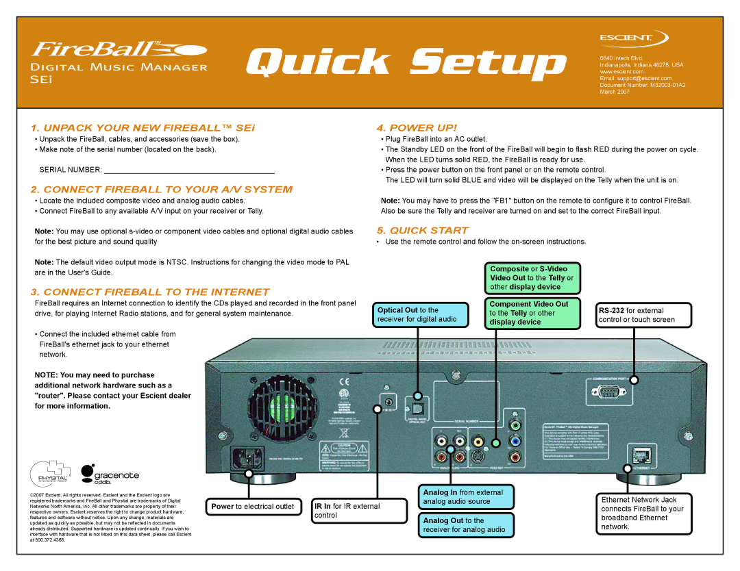 Escient Digital Music Manager quick start Connect Fireball to Your A/V System, Power UP, Quick Start 