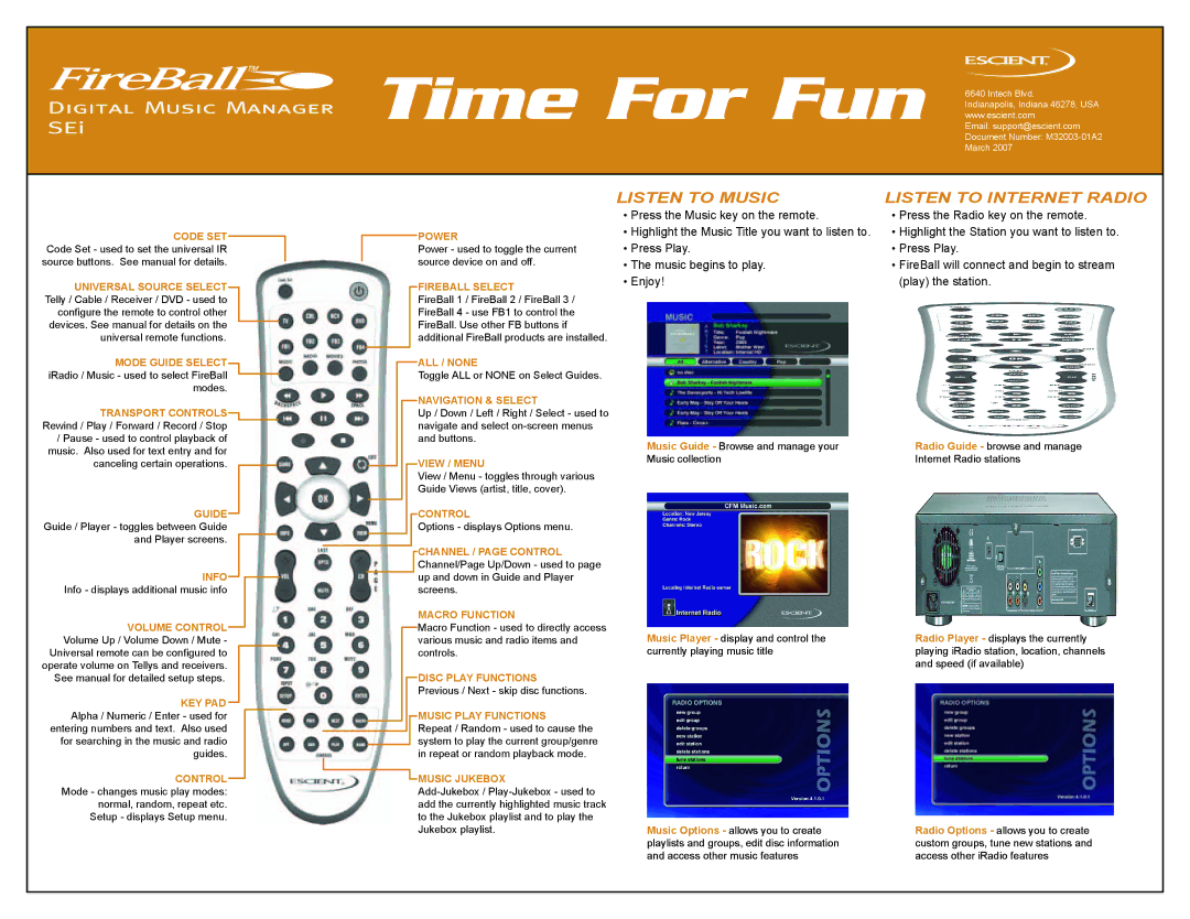 Escient Digital Music Manager quick start Remote Overview, Listen to Music, Listen to Internet Radio 