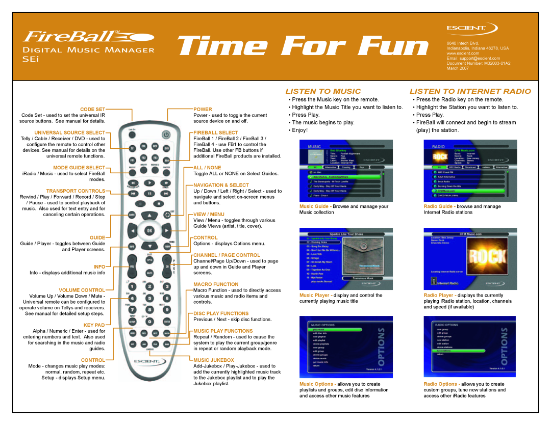 Escient Digital Music Manager quick start Remote Overview, Listen To Music, Listen To Internet Radio, Time For Fun 