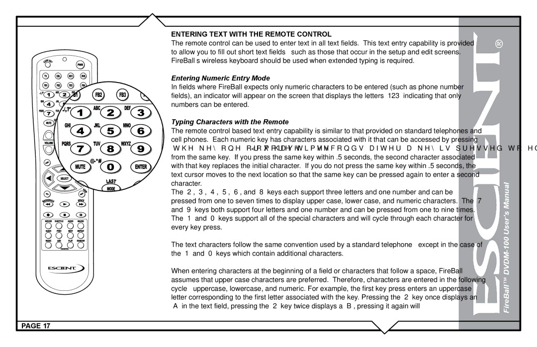 Escient DVDM-100 user manual Entering Text with the Remote Control, Entering Numeric Entry Mode 