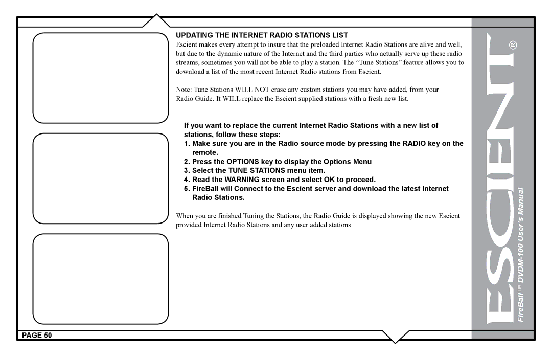 Escient DVDM-100 user manual Updating the Internet Radio Stations List 