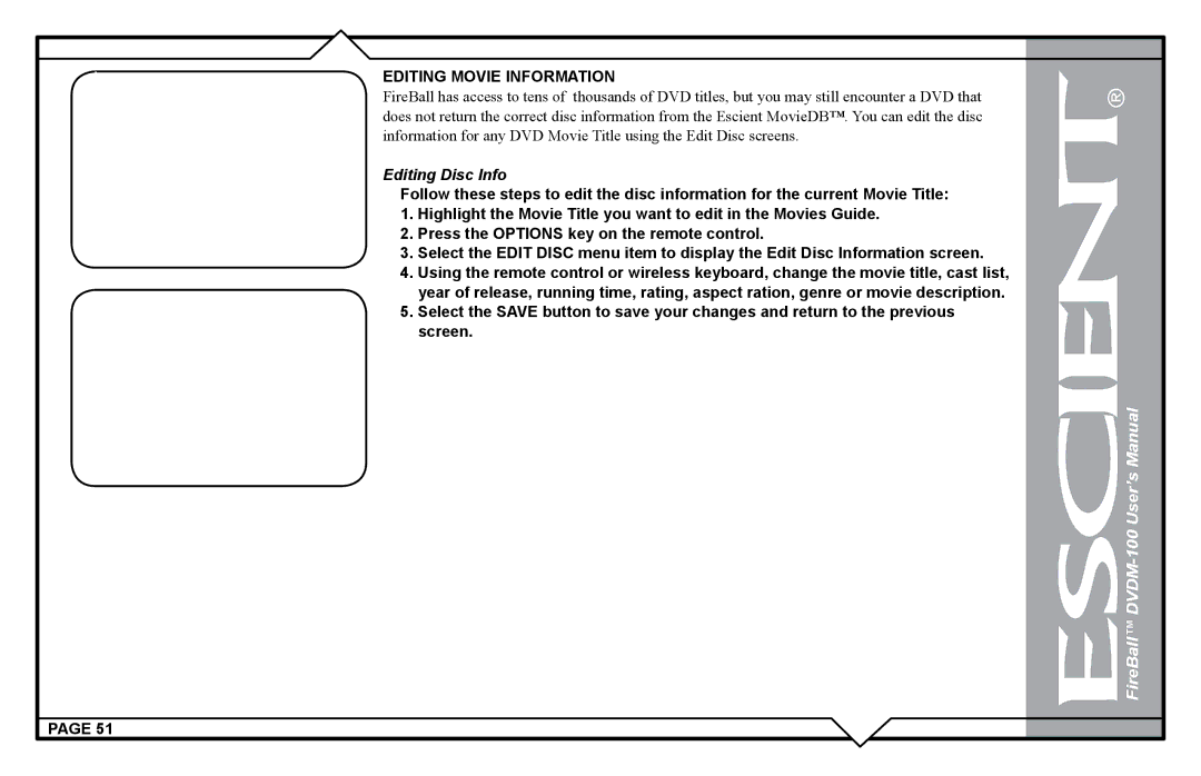 Escient DVDM-100 user manual Editing Movie Information, Editing Disc Info 