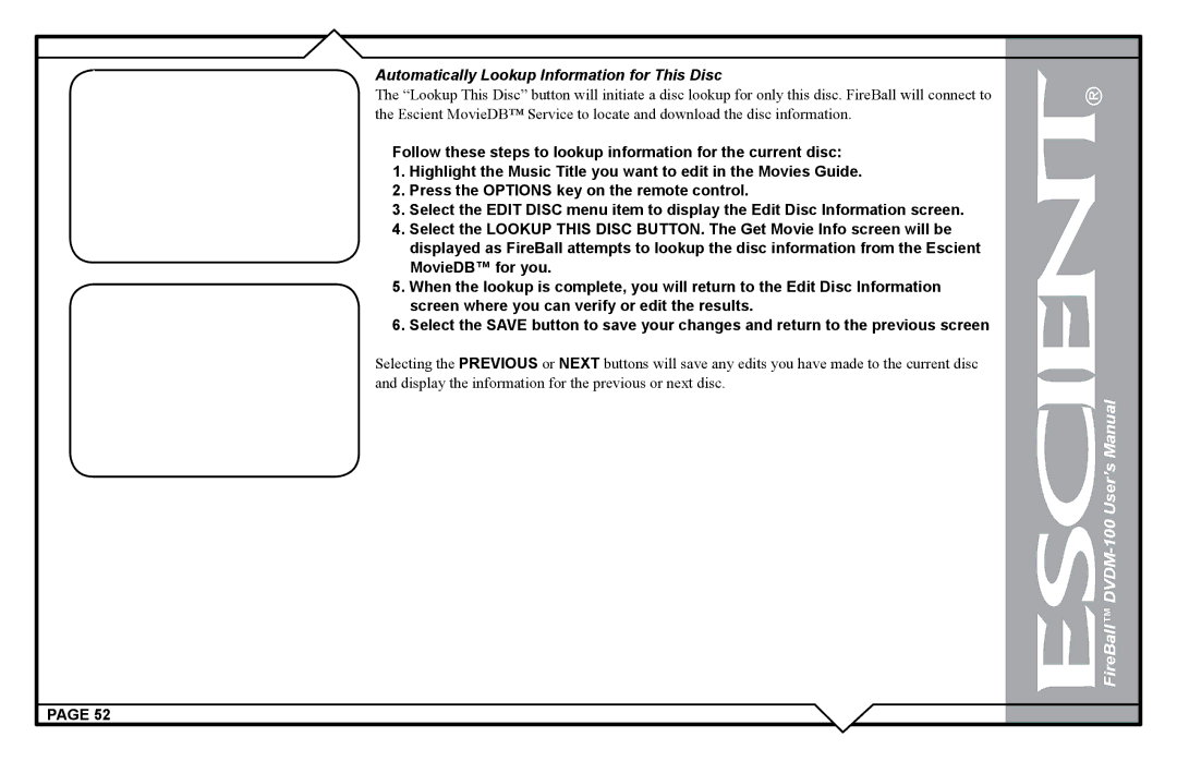 Escient DVDM-100 user manual Automatically Lookup Information for This Disc 