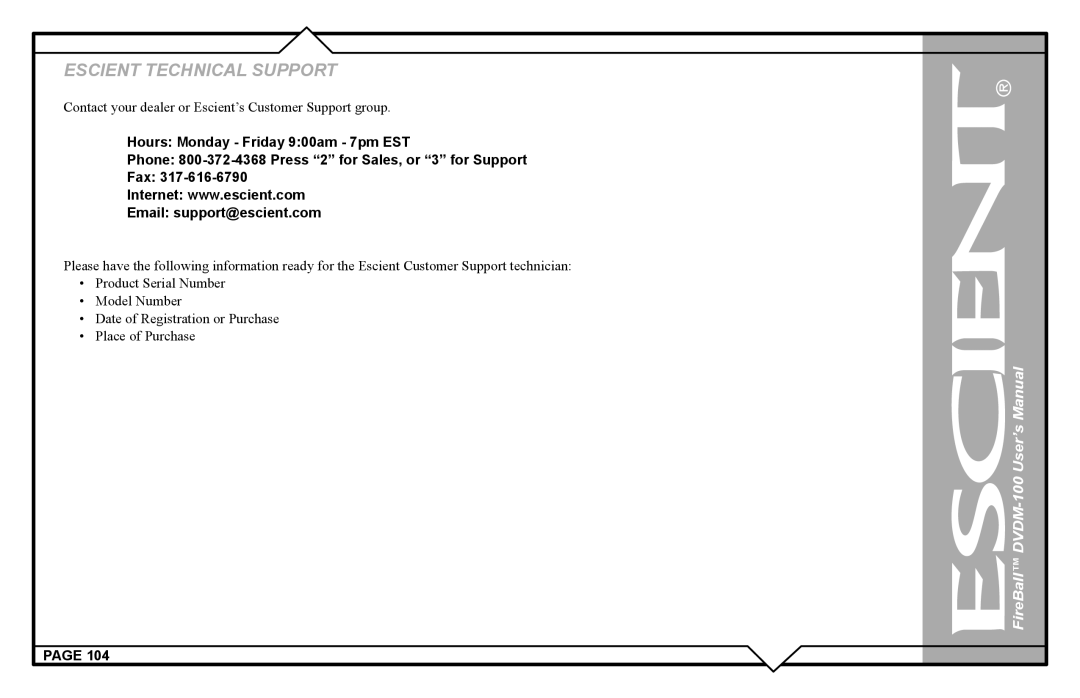 Escient DVDM-100 user manual Contact your dealer or Escient’s Customer Support group 