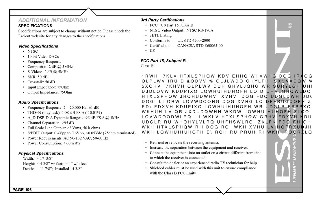 Escient DVDM-100 user manual Specifications, Ntsc 