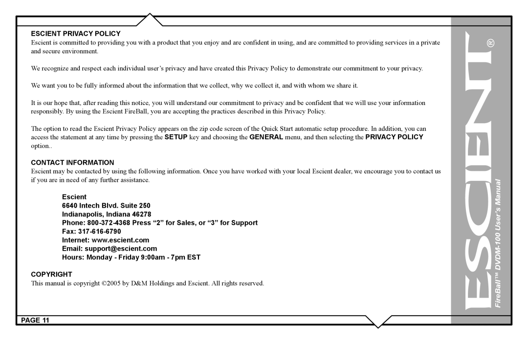 Escient DVDM-100 user manual Escient Privacy Policy 