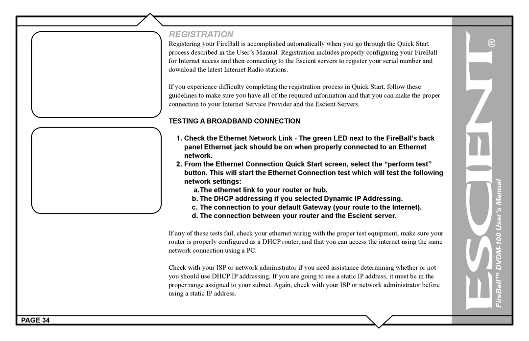 Escient DVDM-100 user manual Testing a Broadband Connection 