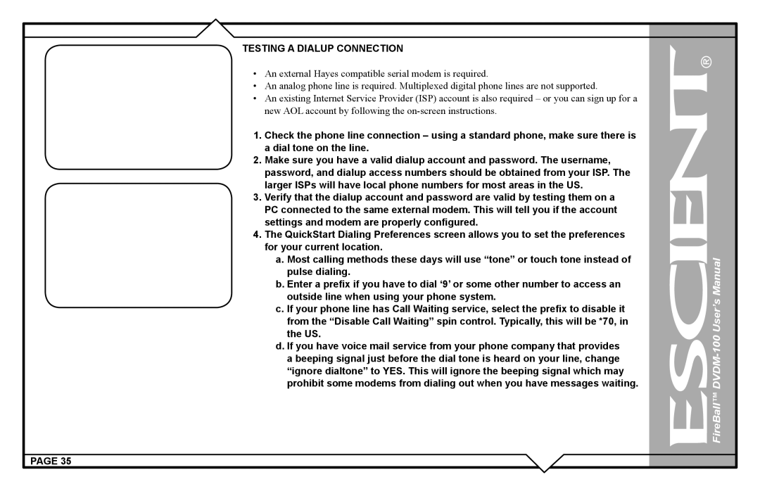 Escient DVDM-100 user manual Testing a Dialup Connection 