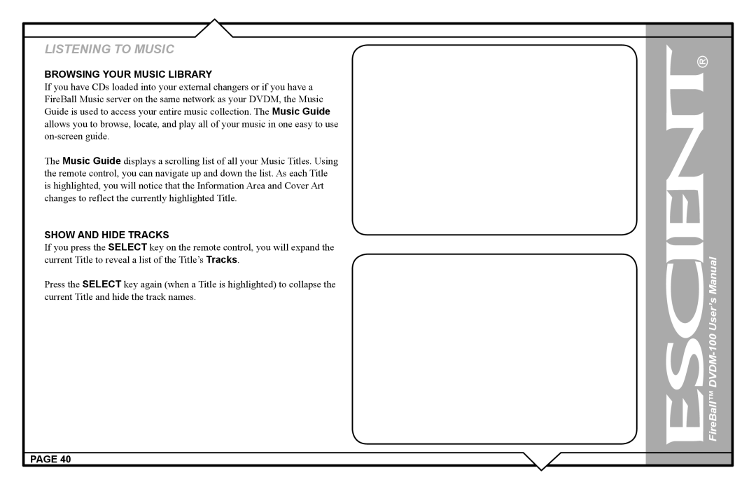 Escient DVDM-100 user manual Browsing Your Music Library, Show and Hide Tracks 