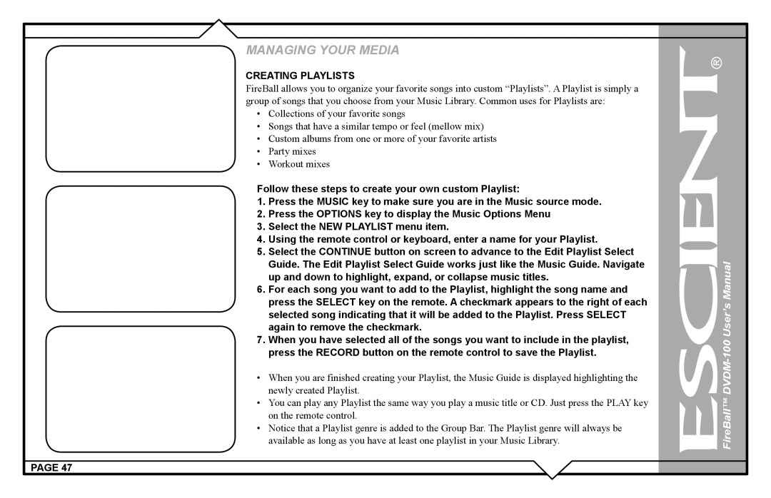 Escient DVDM-100 user manual Creating Playlists 