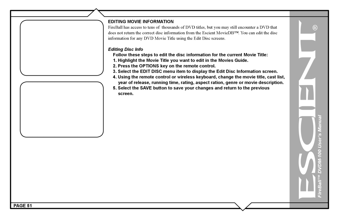 Escient DVDM-100 user manual Editing Movie Information, Editing Disc Info 