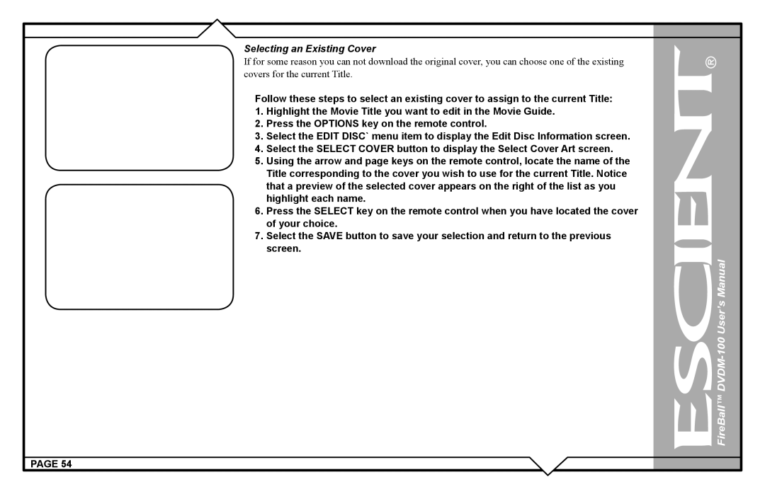 Escient DVDM-100 user manual Selecting an Existing Cover 