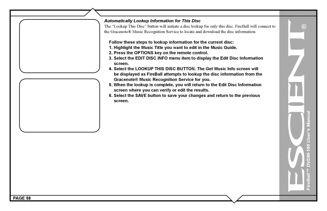 Escient DVDM-100 user manual Automatically Lookup Information for This Disc 