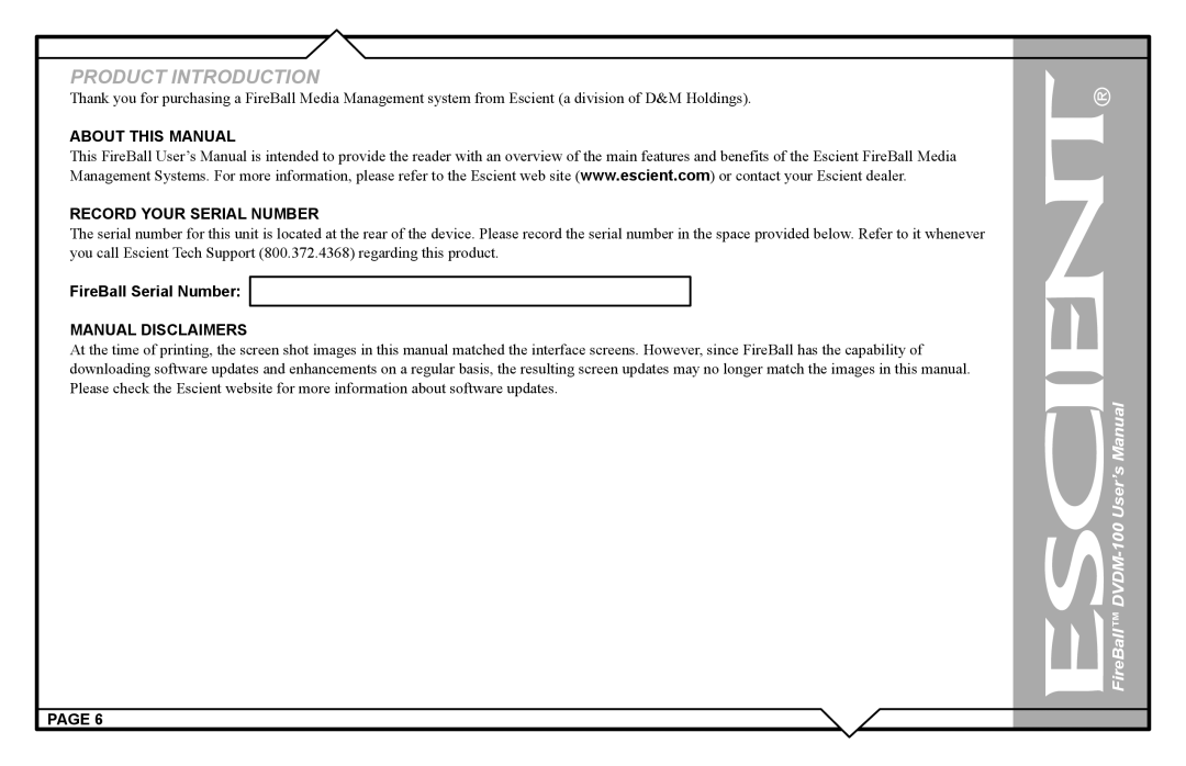 Escient DVDM-100 user manual About this Manual Record Your Serial Number, Manual Disclaimers 