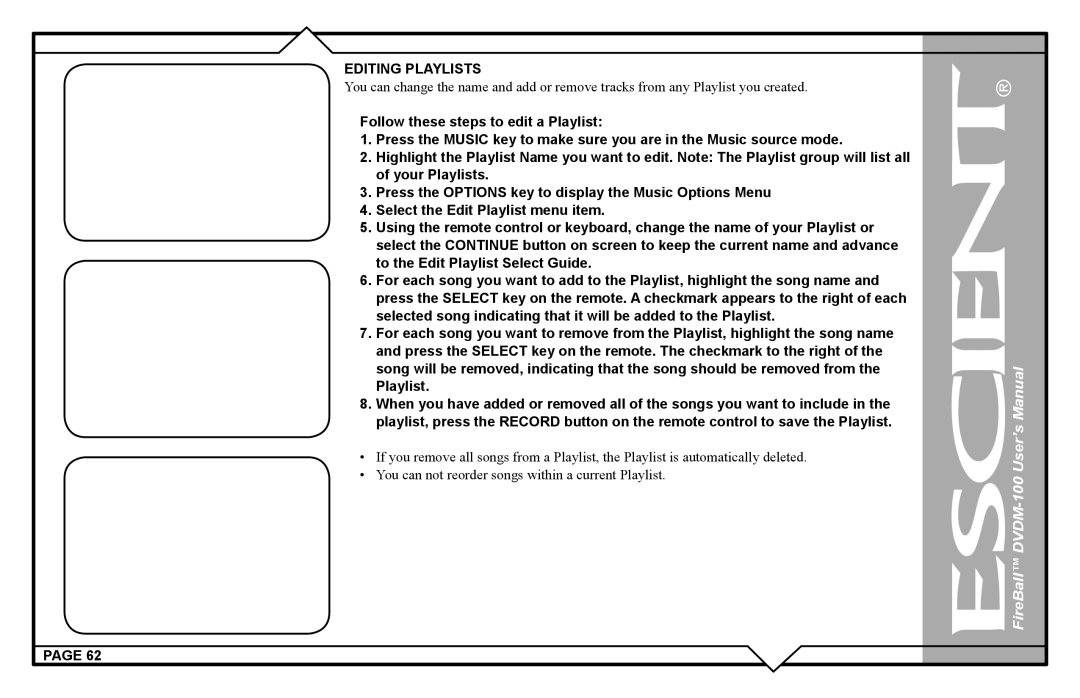 Escient DVDM-100 user manual Editing Playlists 