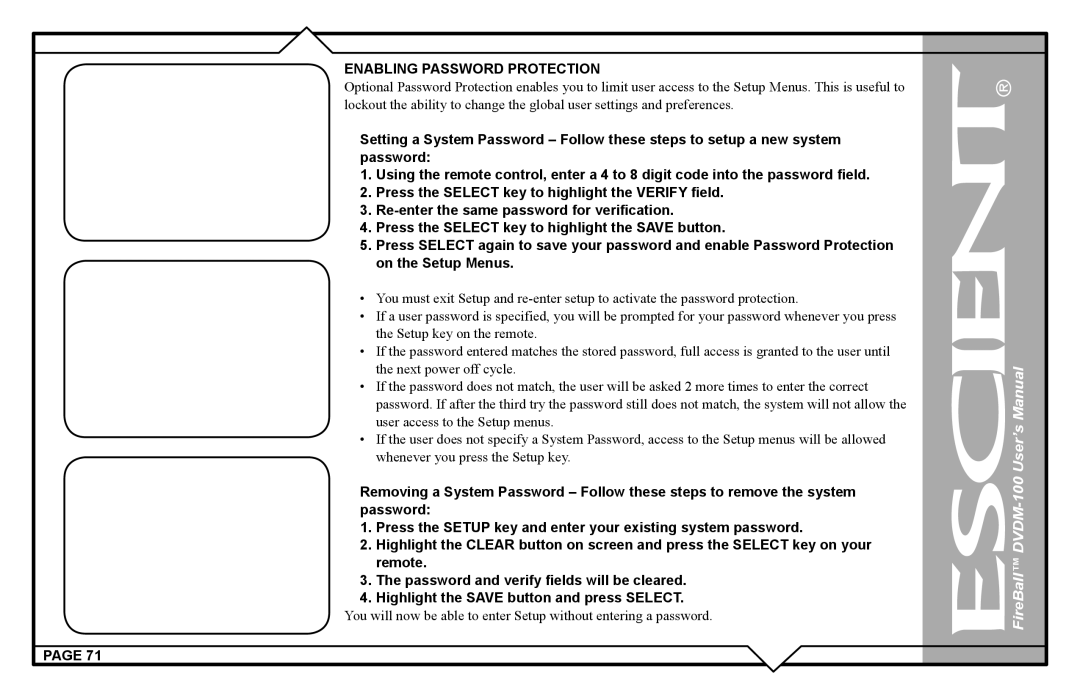 Escient DVDM-100 user manual Enabling Password Protection 