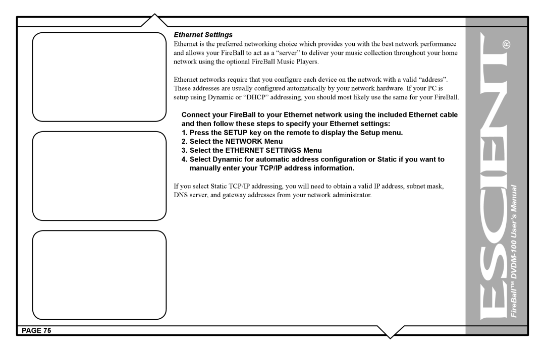 Escient DVDM-100 user manual Ethernet Settings 