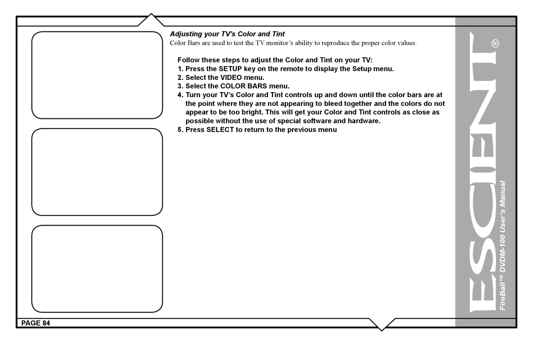 Escient DVDM-100 user manual Adjusting your TV’s Color and Tint 